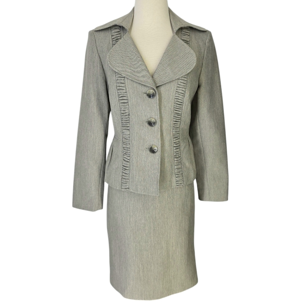 LeSuit Three Button Jacket & Skirt Suit Set Neutral Tan Beige Gray Weave Sz 6 - Picture 16 of 16